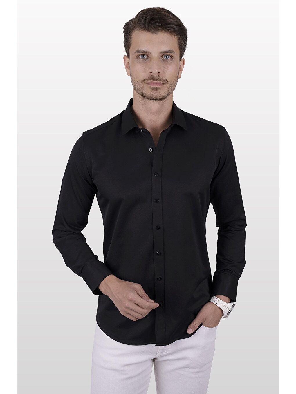 Siyah Saten Slimfit Erkek Gömlek-2