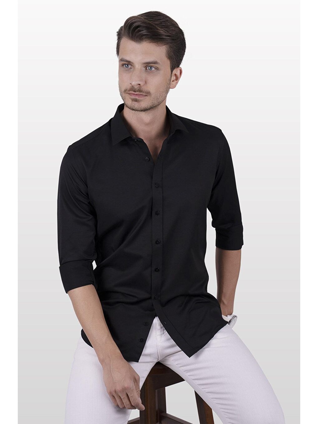 Siyah Saten Slimfit Erkek Gömlek-4