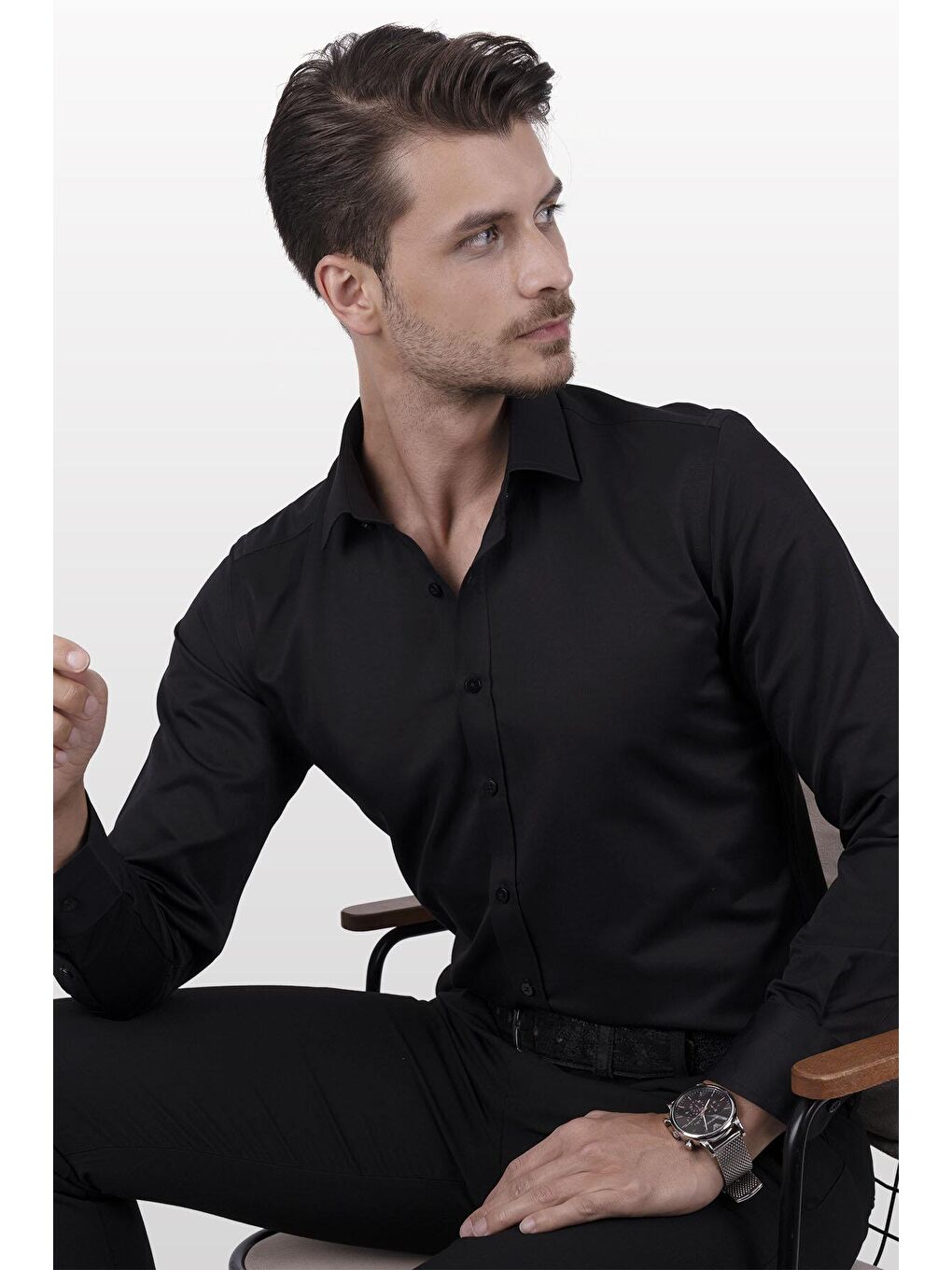 Siyah Saten Slimfit Erkek Gömlek-1