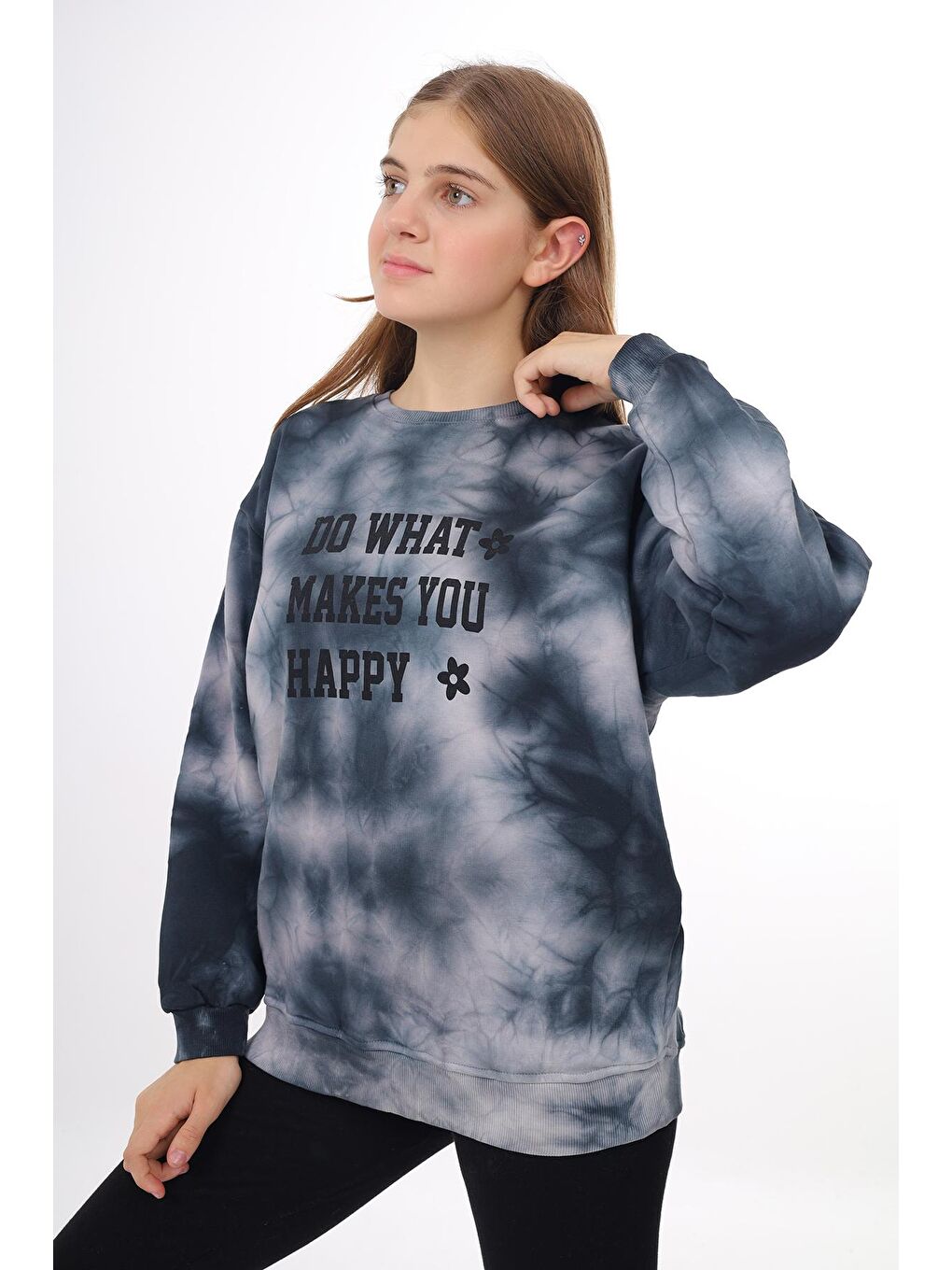 Antrasit Kız Çocuk Batik Desenli Baskılı Sweatshirt 7-13 Yaş Lx296-2-1
