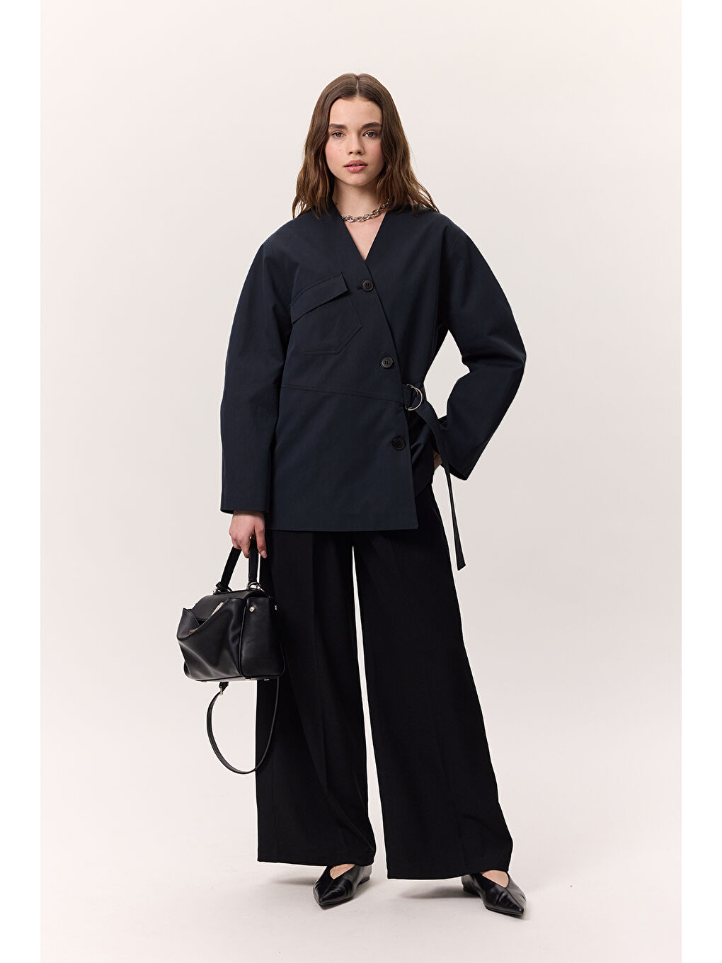 Toka Detaylı Kruvaze Tasarım Ceket Lacivert-3