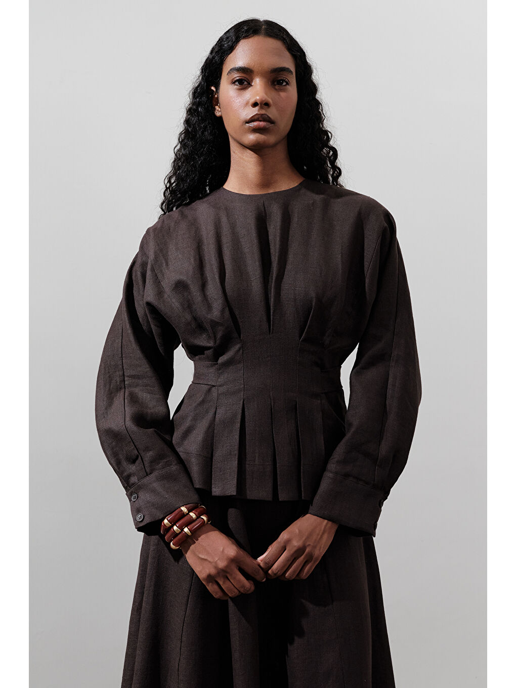 Kahverengi Keten Kruvaze Bağlamalı Bluz Acı Kahve-1