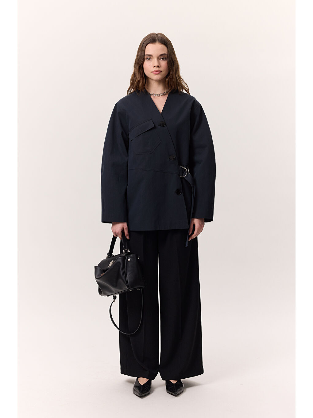 Toka Detaylı Kruvaze Tasarım Ceket Lacivert-4