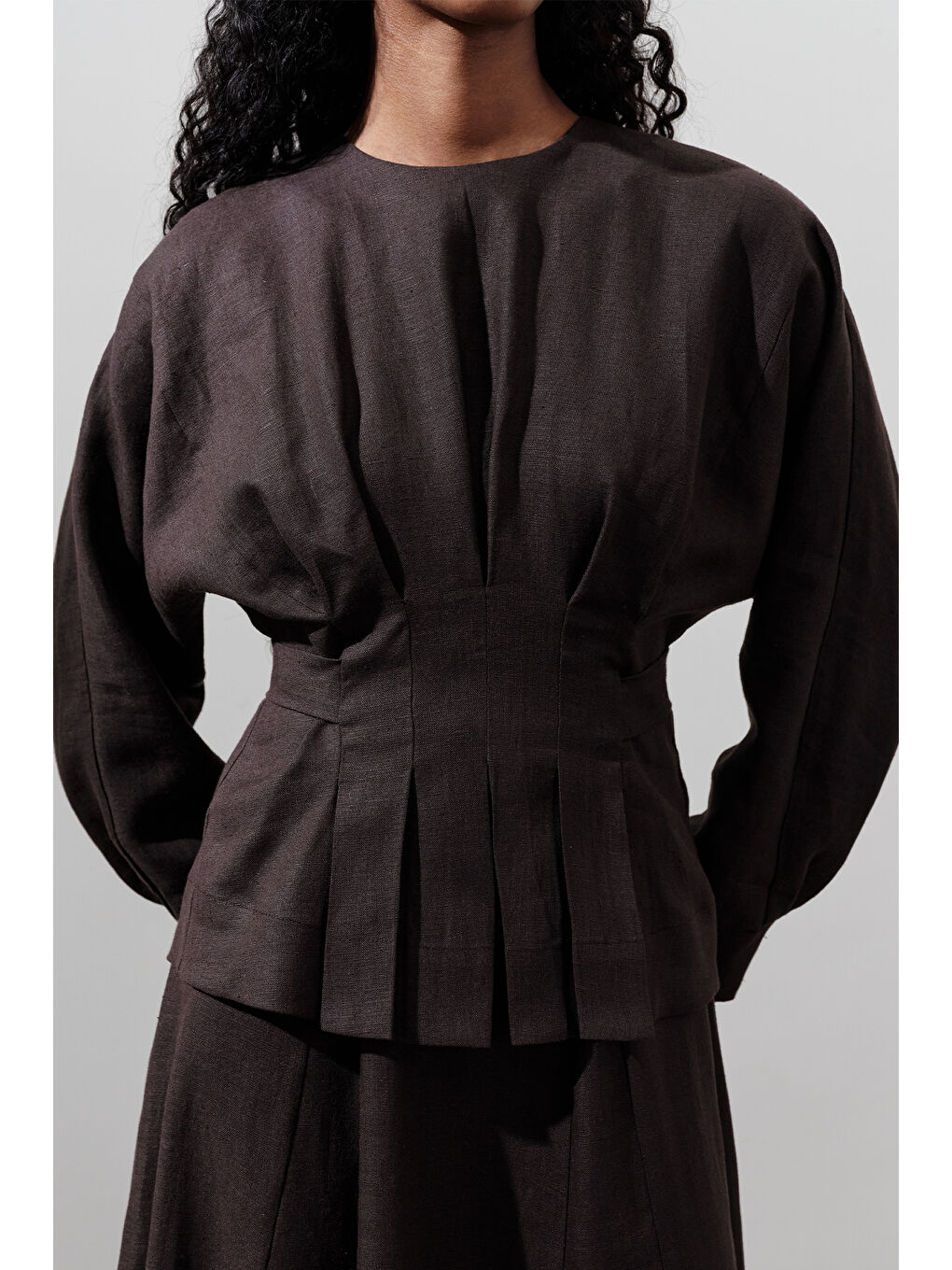 Kahverengi Keten Kruvaze Bağlamalı Bluz Acı Kahve-2