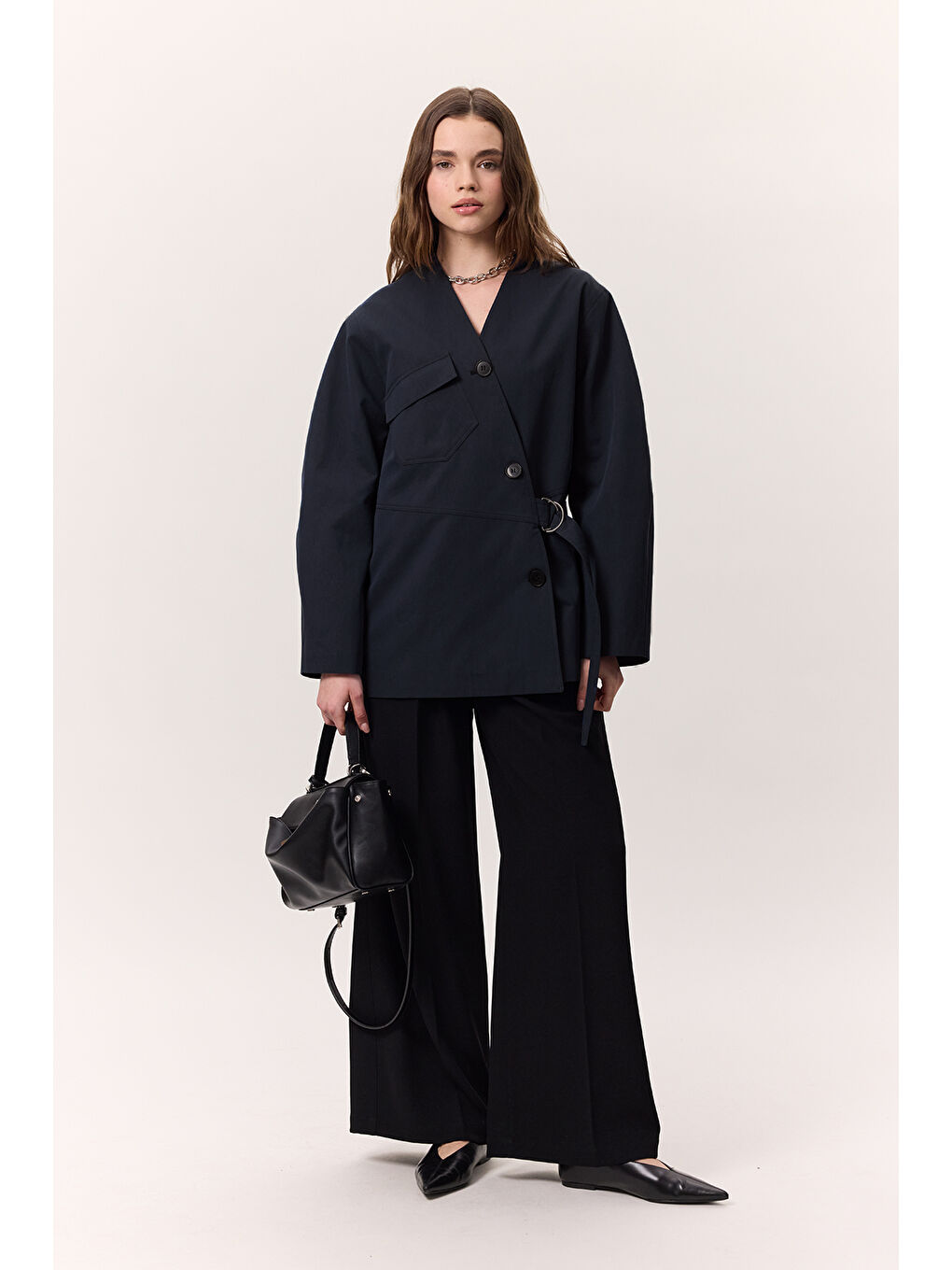 Toka Detaylı Kruvaze Tasarım Ceket Lacivert-6