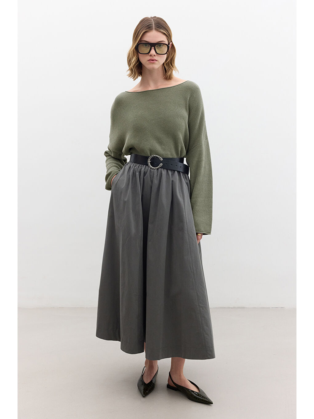 Oversize Dökümlü Pamuk Kazak Haki-1