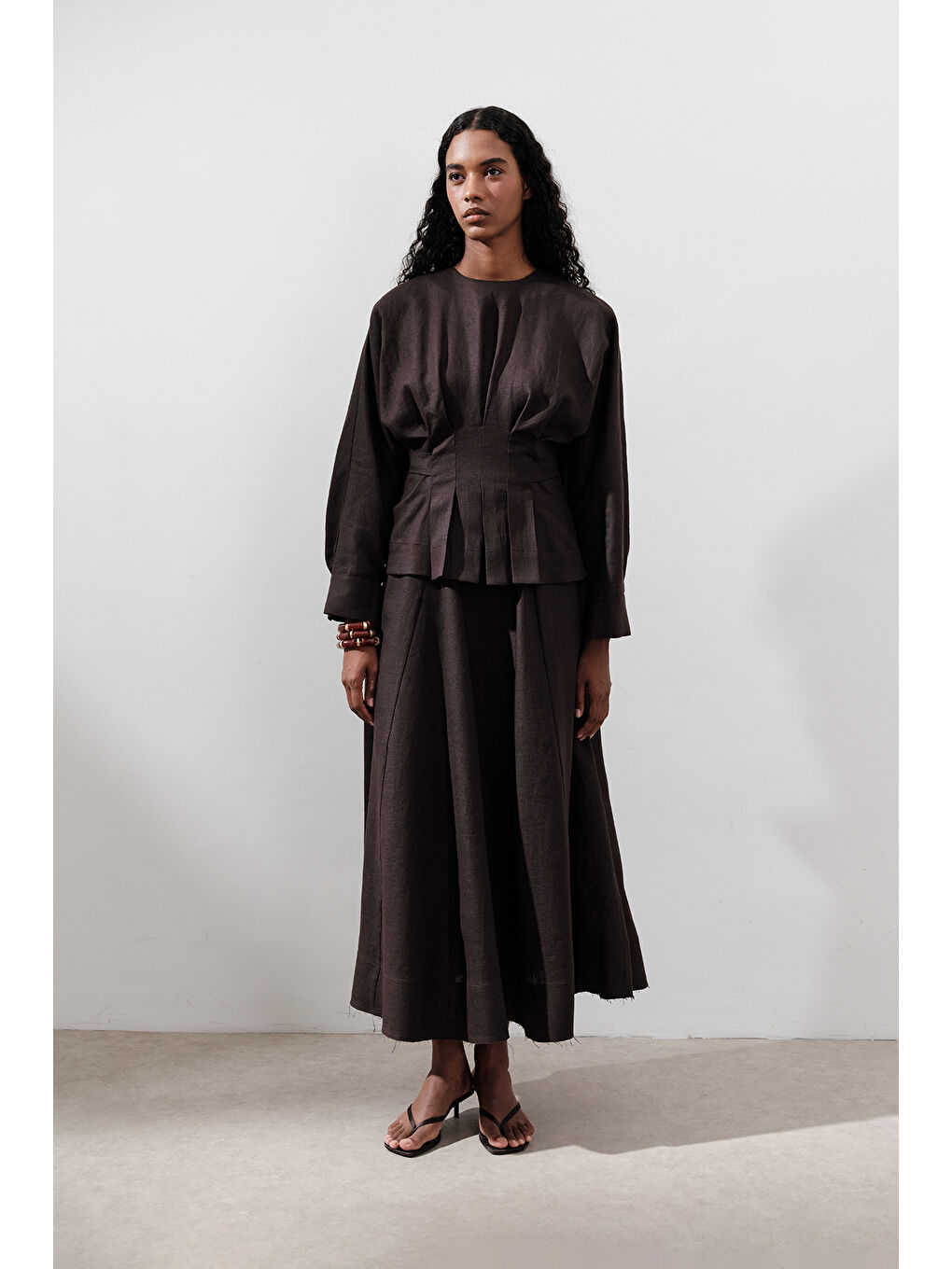 Kahverengi Keten Kruvaze Bağlamalı Bluz Acı Kahve-3