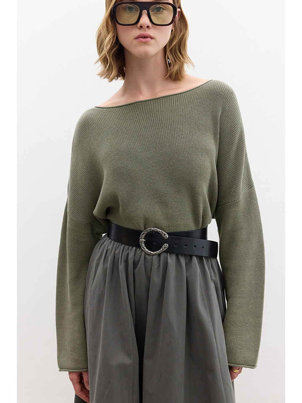 Oversize Dökümlü Pamuk Kazak Haki-2