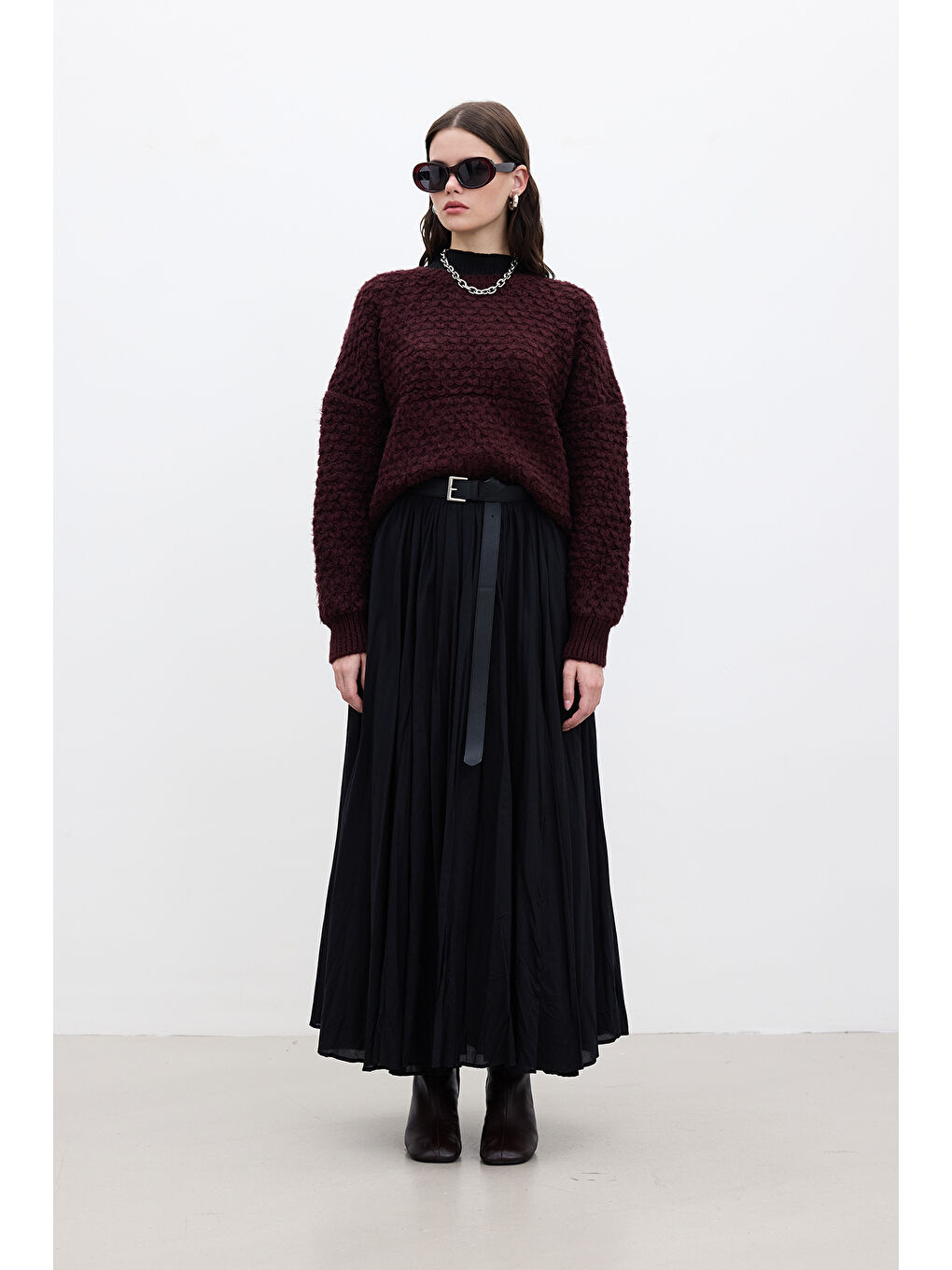 Desenli Örgü Triko Kazak Bordo-3