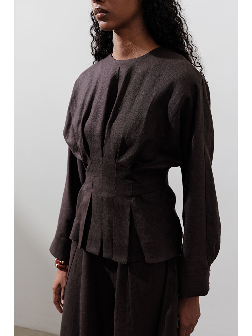 Kahverengi Keten Kruvaze Bağlamalı Bluz Acı Kahve-4