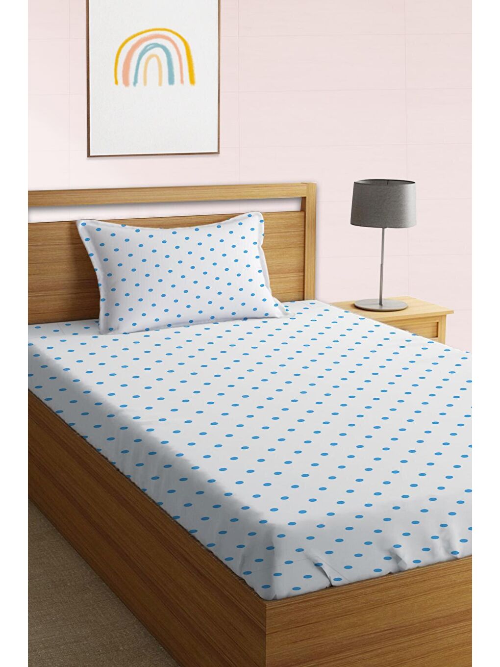 Mavi Nokta Desen Baskılı Tek Kişilik  Lastikli Çarşaf Seti Beyaz