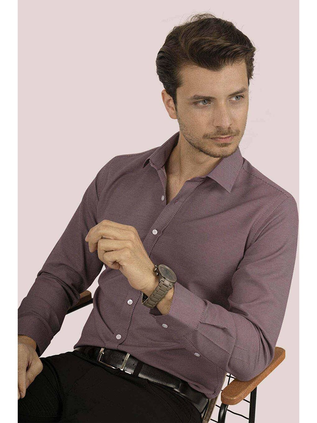 Bordo Armür Desenli Slimfit Gömlek