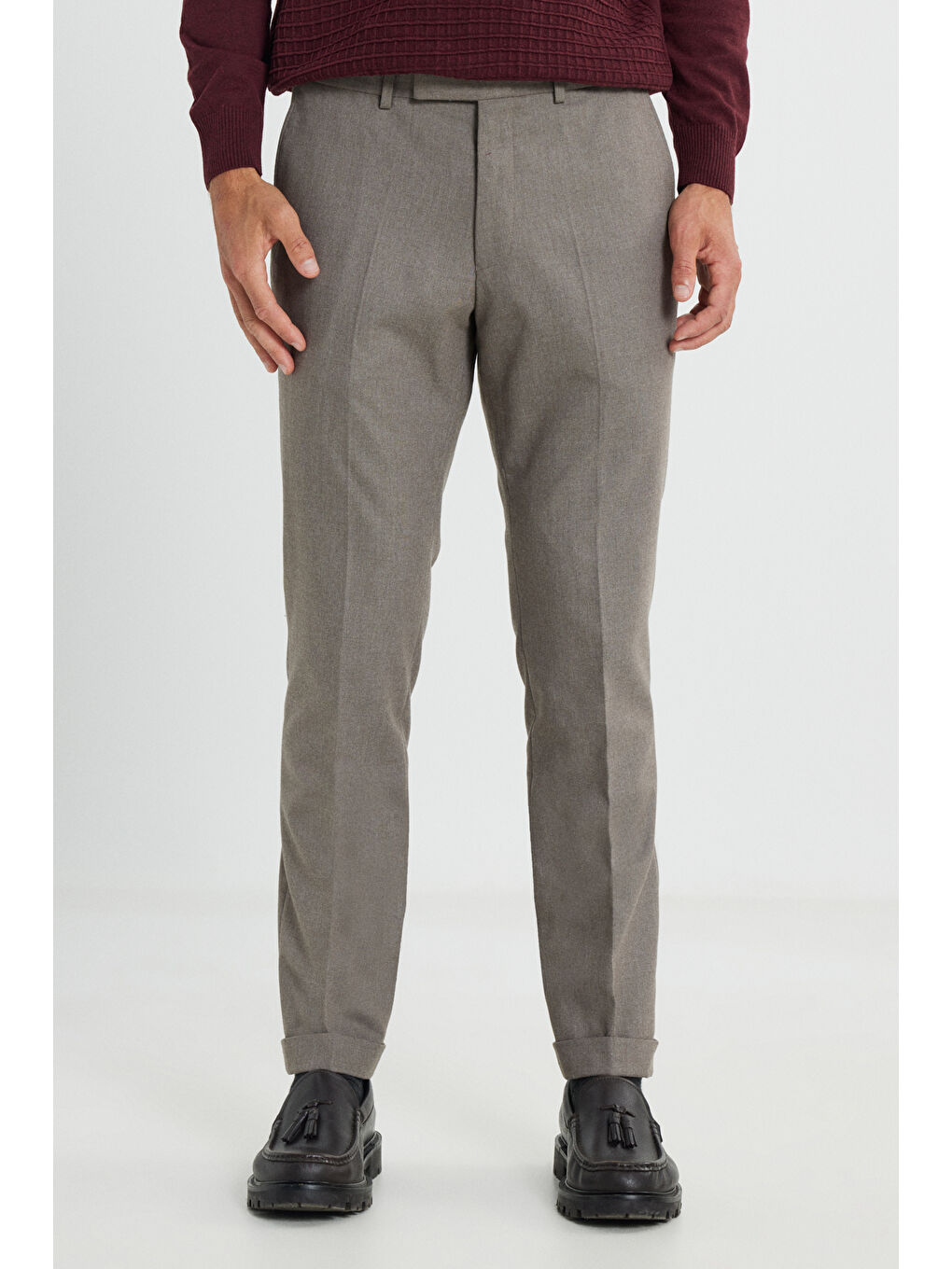 Bej Erkek Vizon Slim Fit Dar Kesim Beli Gizli Lastikli Yan Cepli Esnek Klasik Pantolon-1