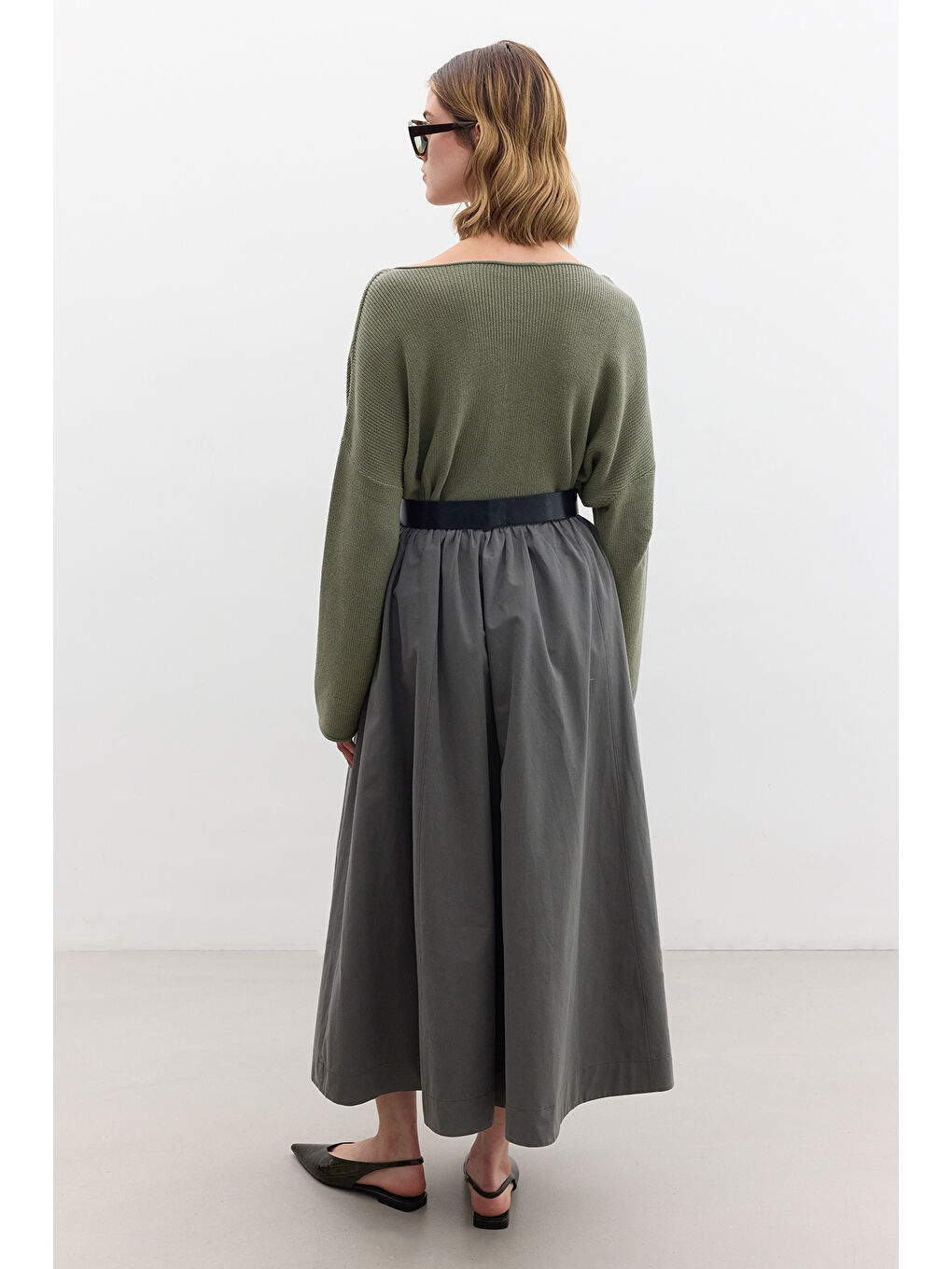 Oversize Dökümlü Pamuk Kazak Haki-3