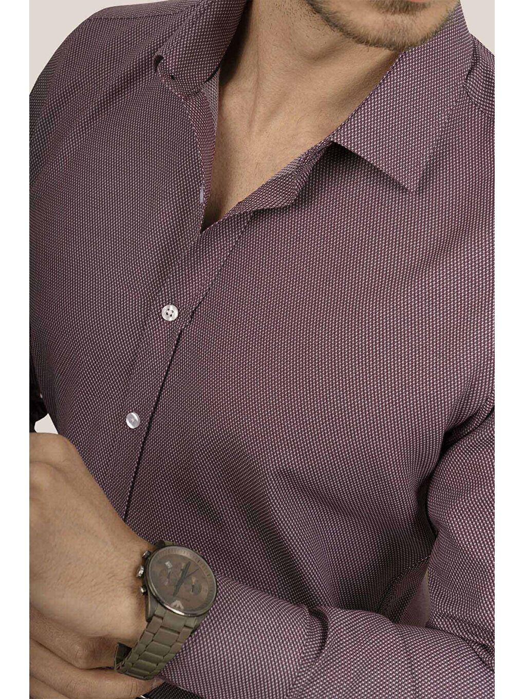Bordo Armür Desenli Slimfit Gömlek-1