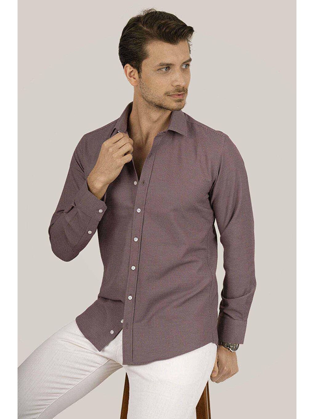 Bordo Armür Desenli Slimfit Gömlek-2