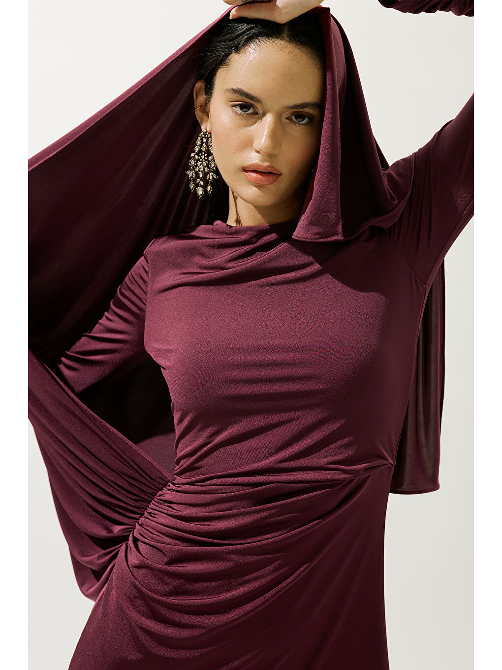 Bağlama Detaylı Abiye Elbise Bordo-1