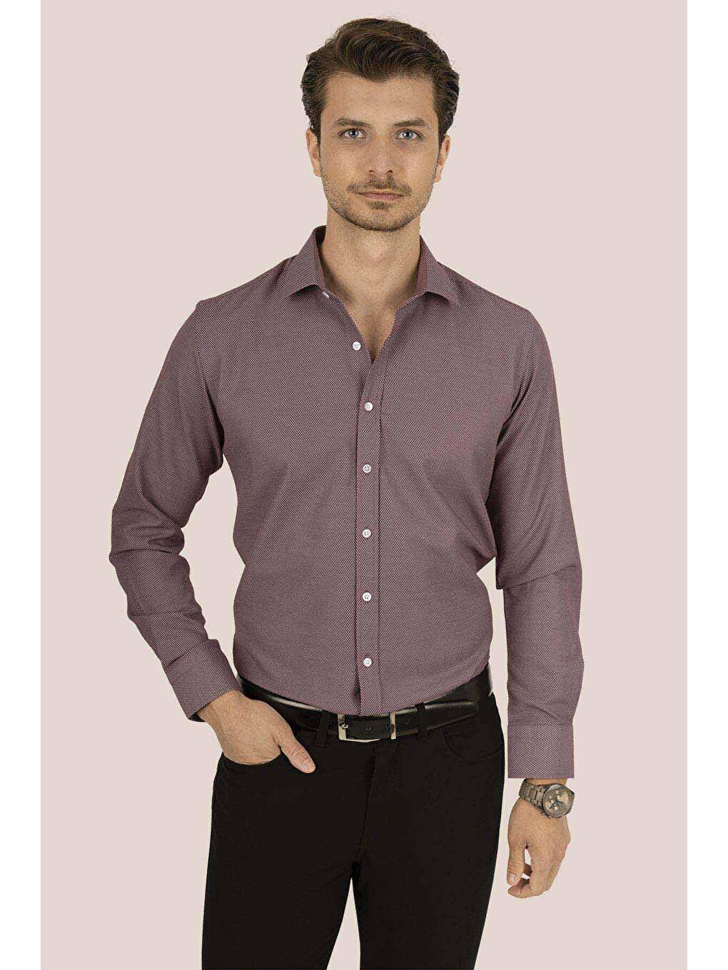Bordo Armür Desenli Slimfit Gömlek-5