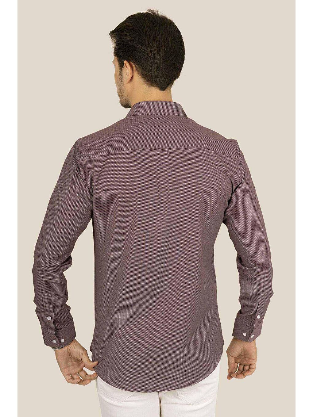 Bordo Armür Desenli Slimfit Gömlek-6