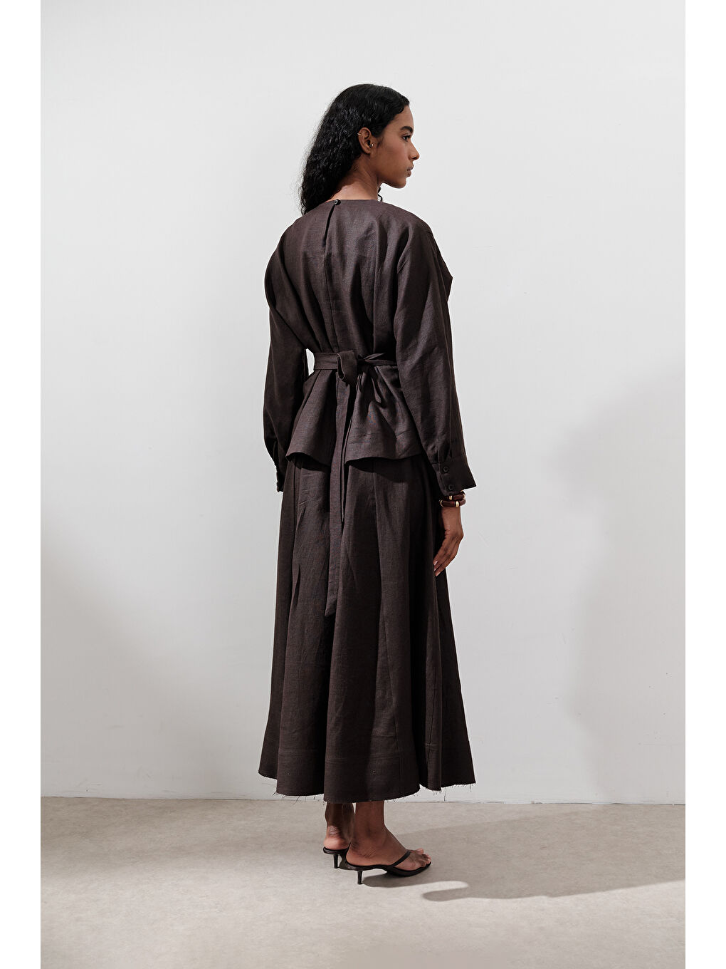 Kahverengi Keten Kruvaze Bağlamalı Bluz Acı Kahve-5