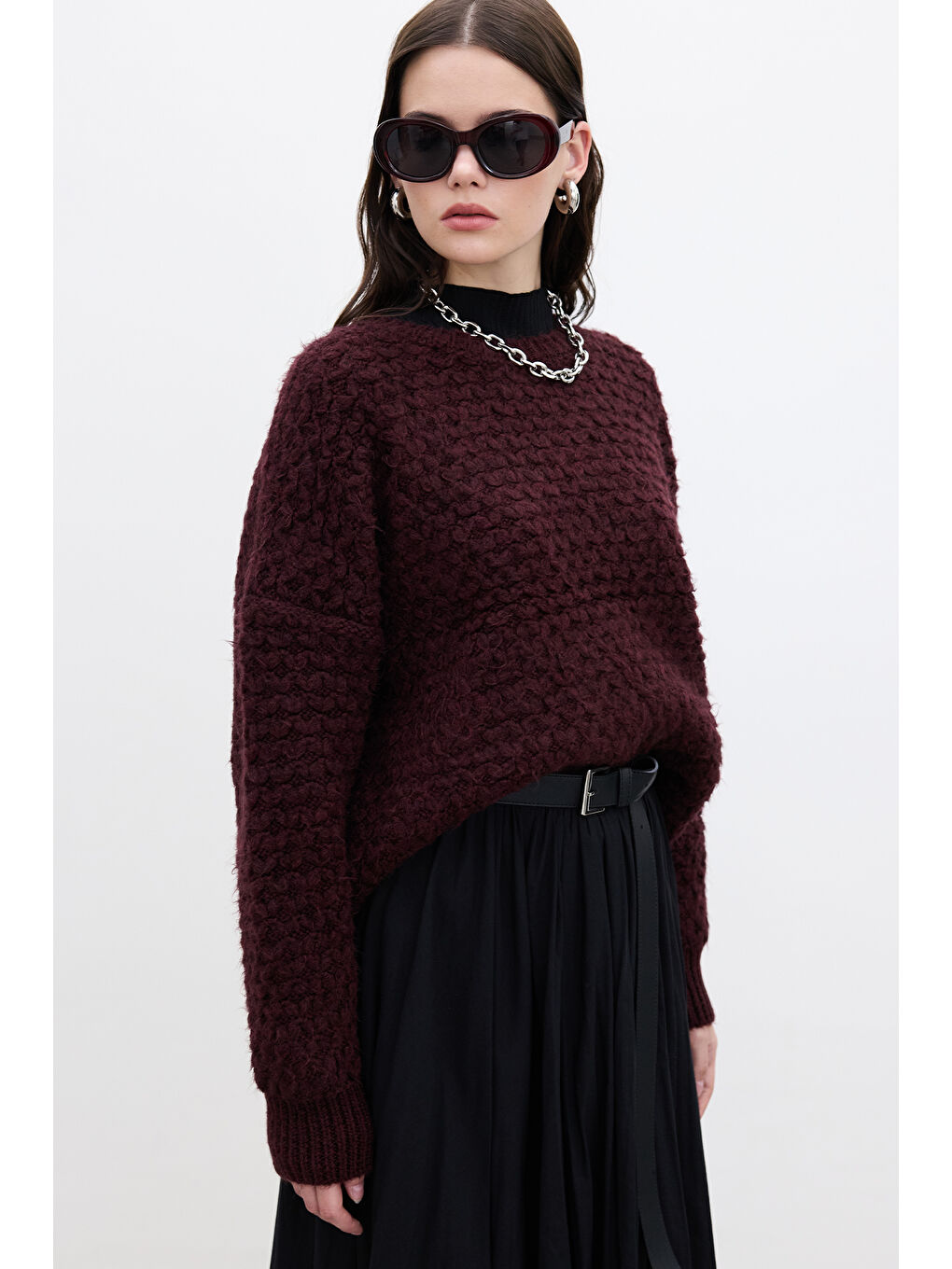 Desenli Örgü Triko Kazak Bordo-5