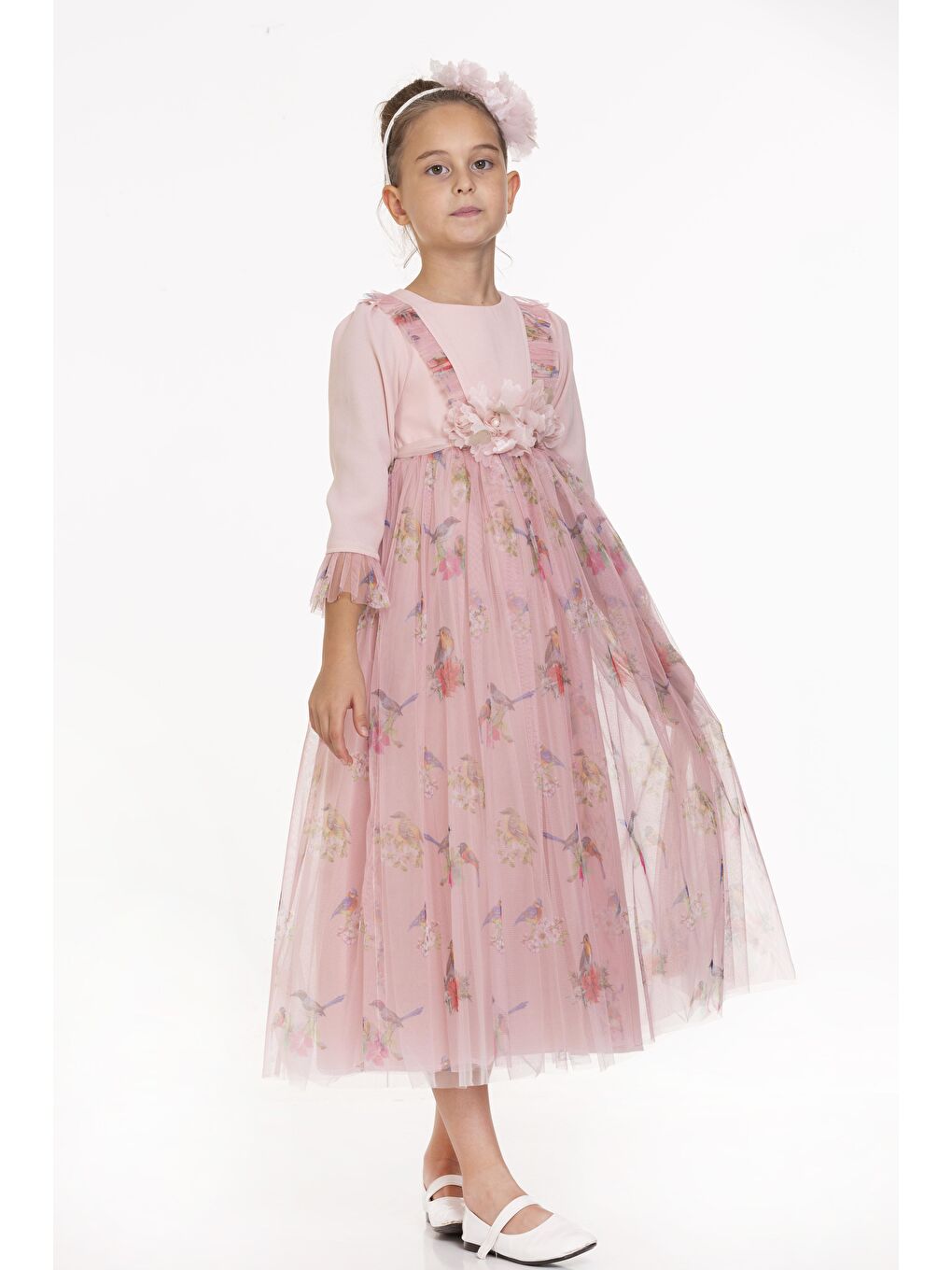 Pink Girls Pembe Kuş Desenli Uzun Elbise