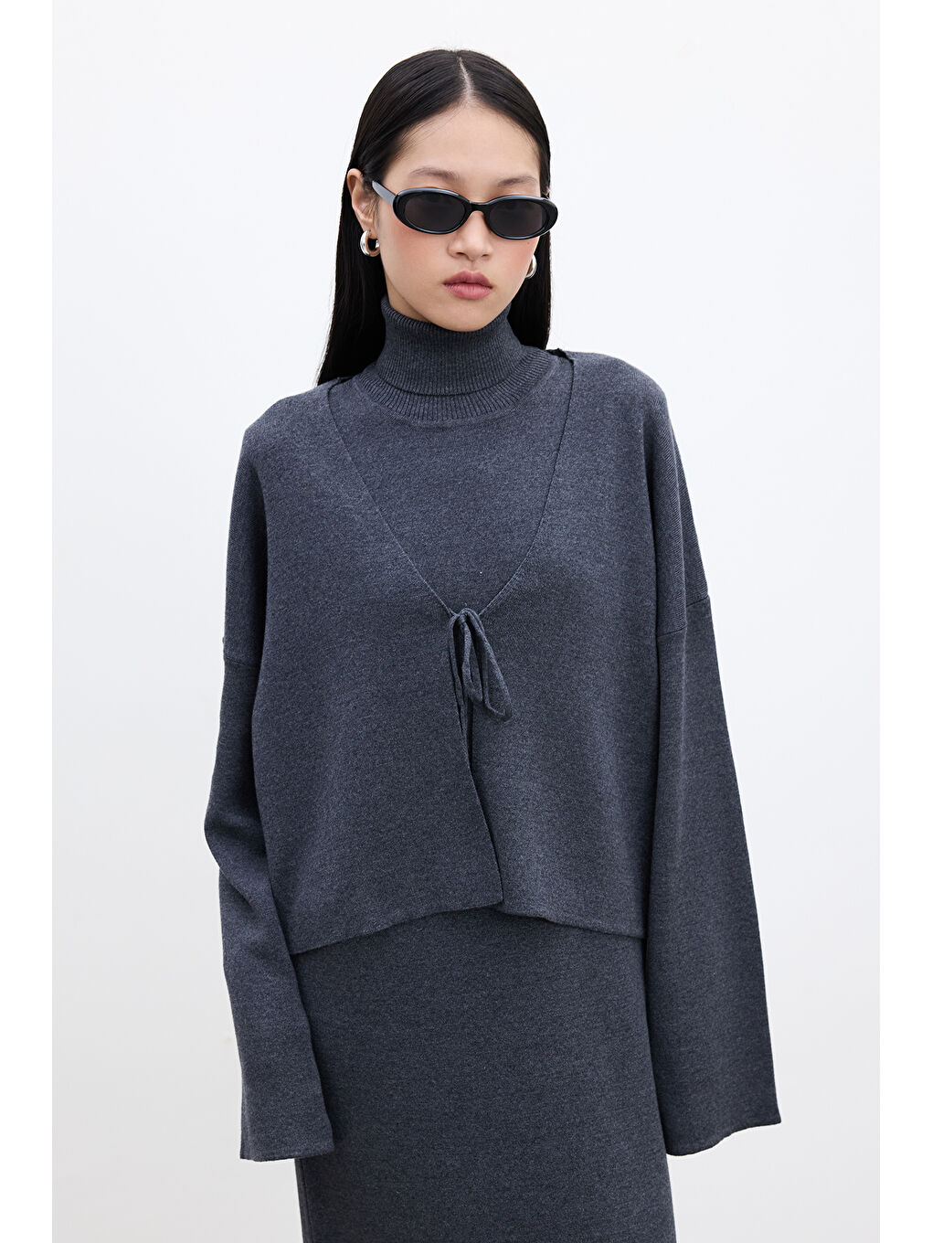 Bağcıklı Triko Hırka Antrasit