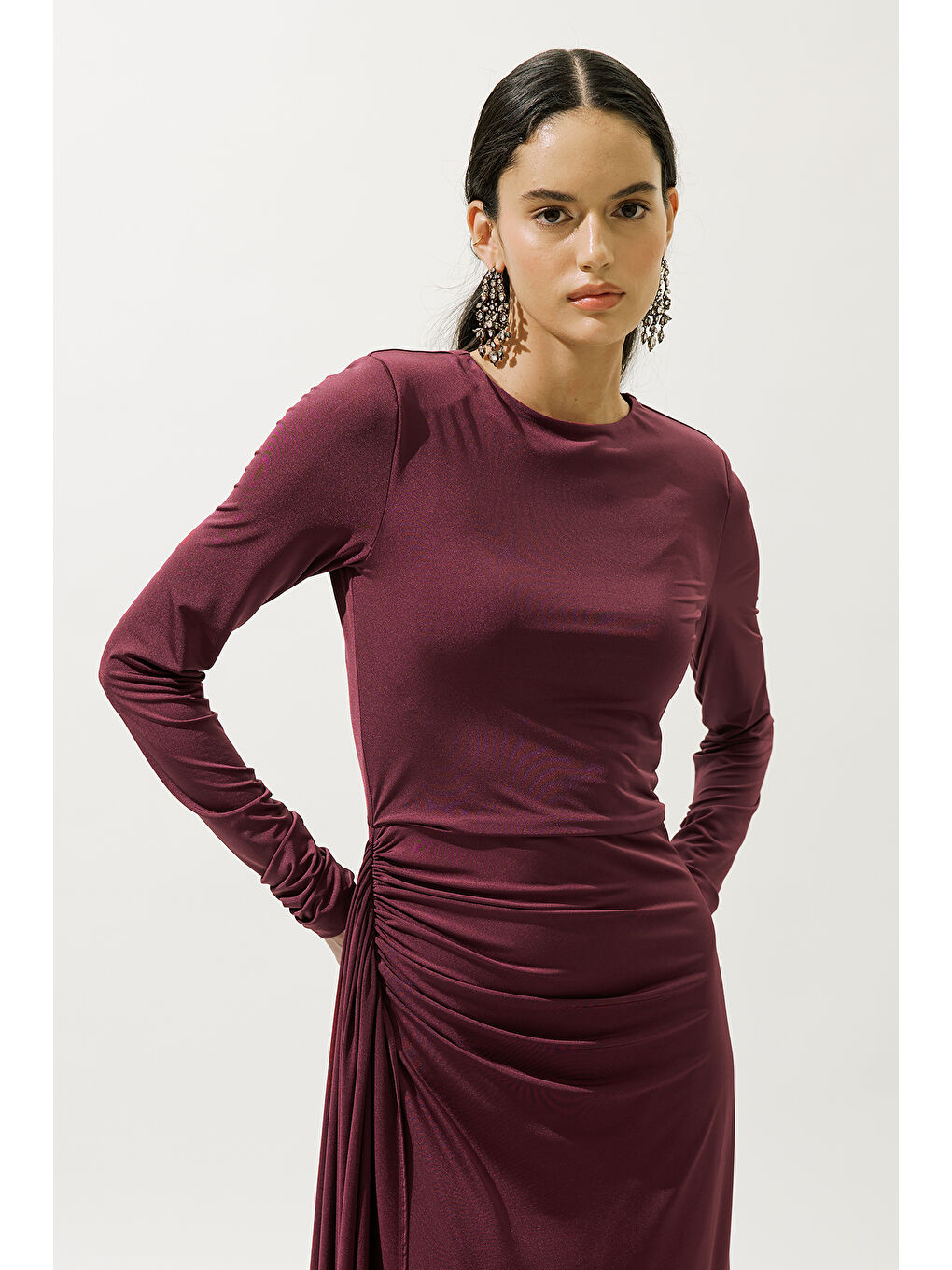 Bağlama Detaylı Abiye Elbise Bordo-4