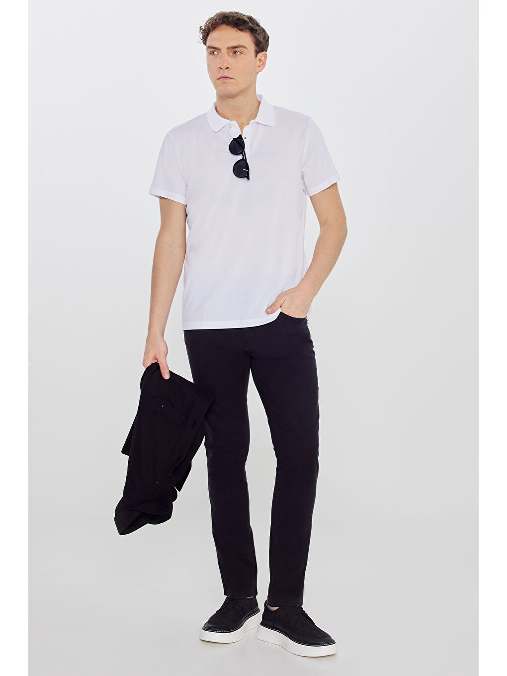 Erkek Beyaz Pamuklu Slim Fit Dar Kesim Polo Yaka Tişört-1