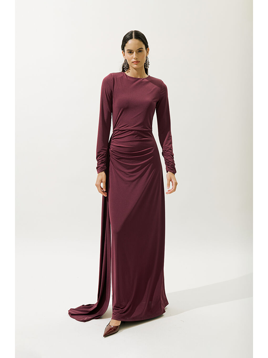 Bağlama Detaylı Abiye Elbise Bordo-5