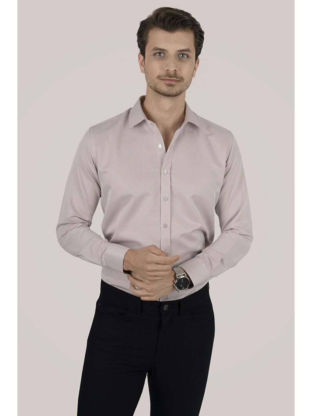 Bej Sütlü Kahve Slimfit Erkek Gömlek-1