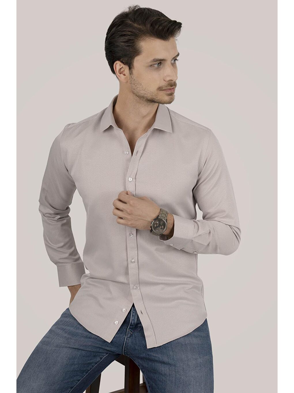 Bej Sütlü Kahve Slimfit Erkek Gömlek-2