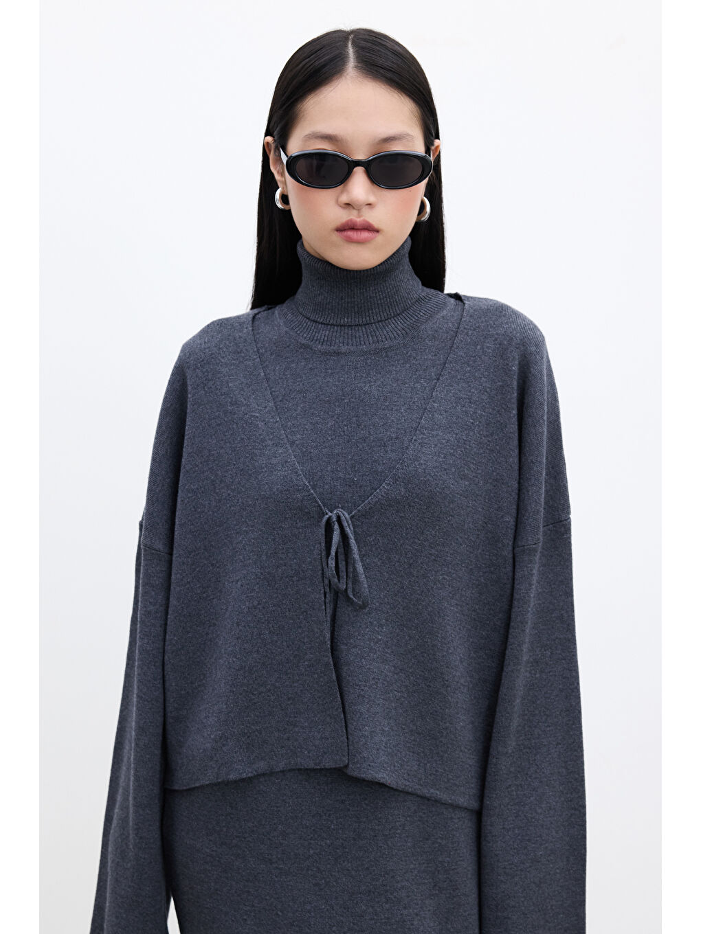 Bağcıklı Triko Hırka Antrasit-2