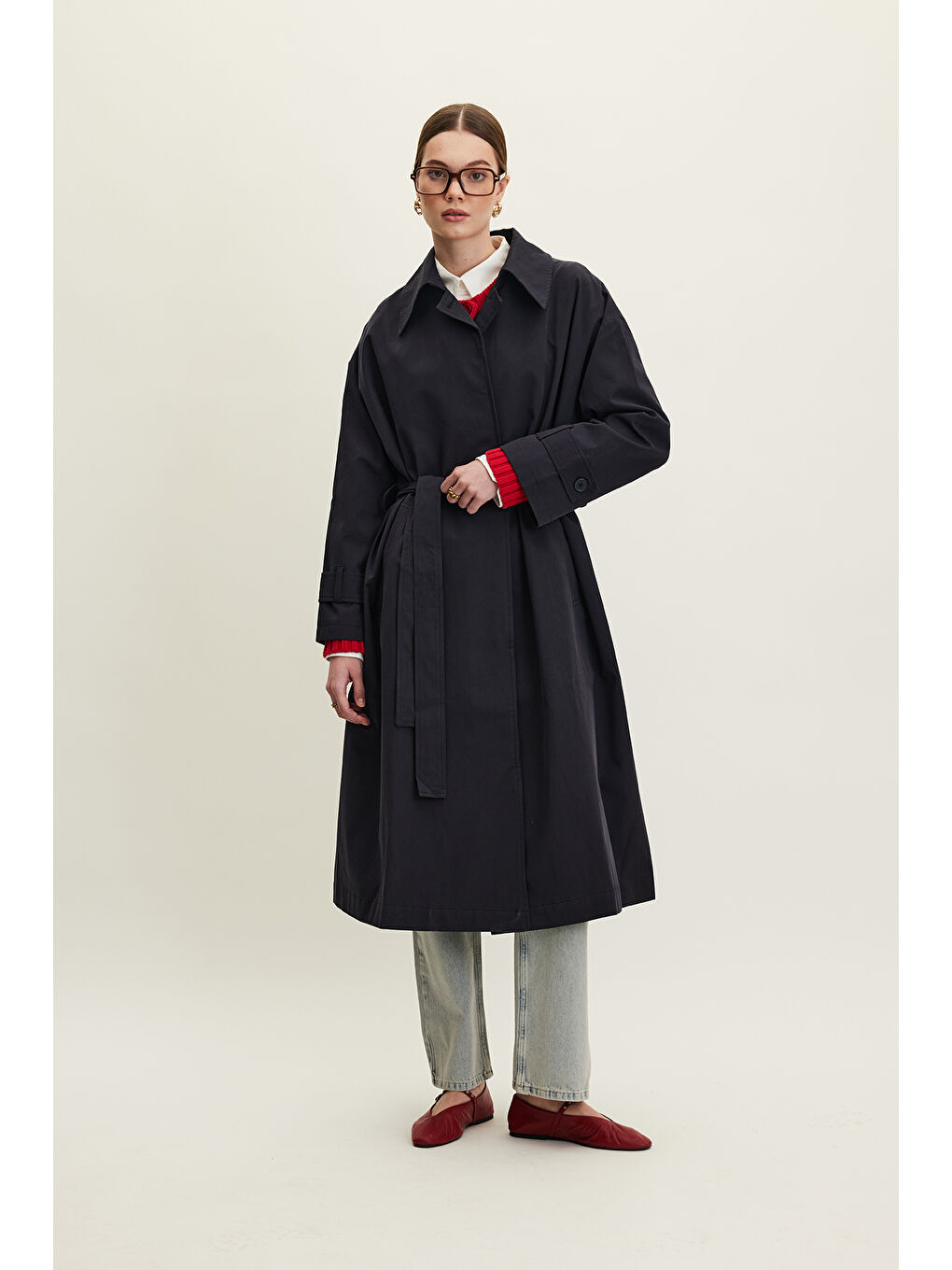 Kemerli Oversize Gabardin Trençkot Lacivert-1