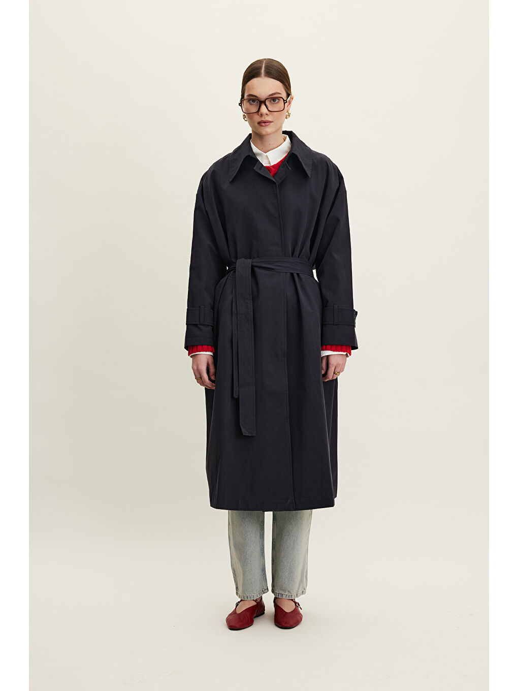 Kemerli Oversize Gabardin Trençkot Lacivert-2