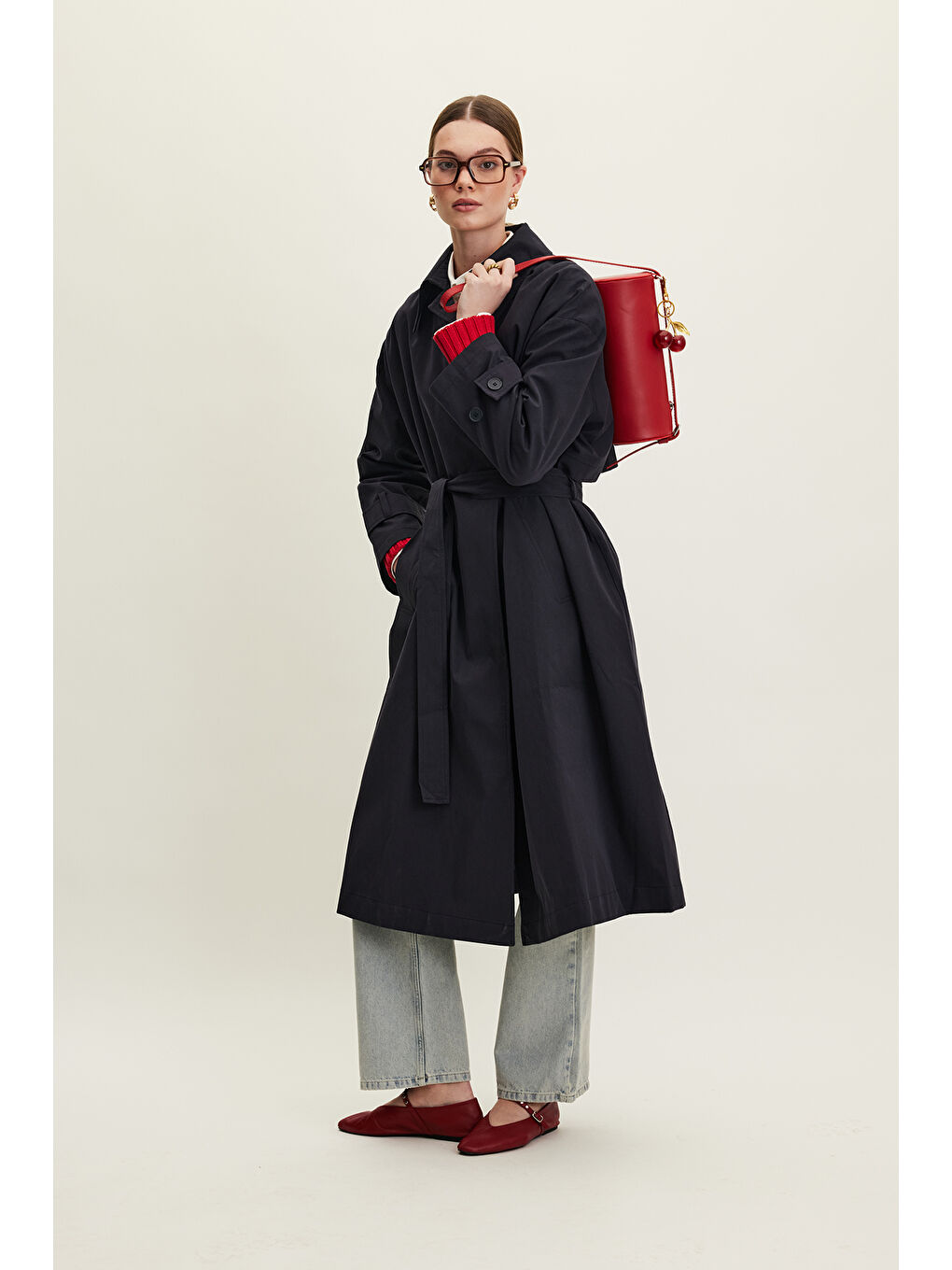 Kemerli Oversize Gabardin Trençkot Lacivert-3