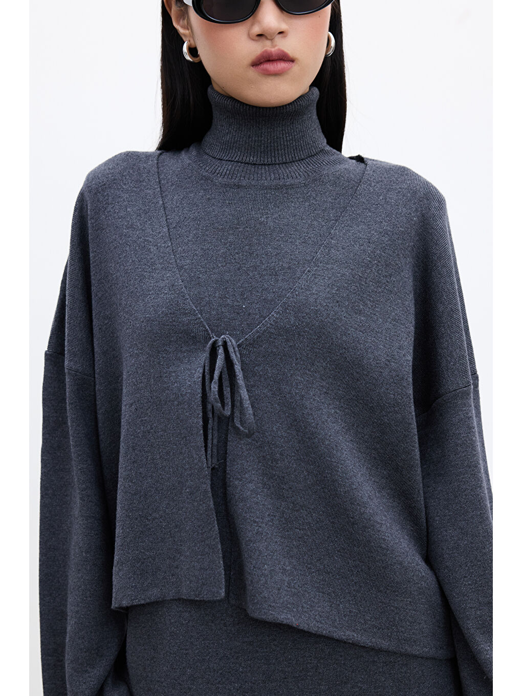 Bağcıklı Triko Hırka Antrasit-4