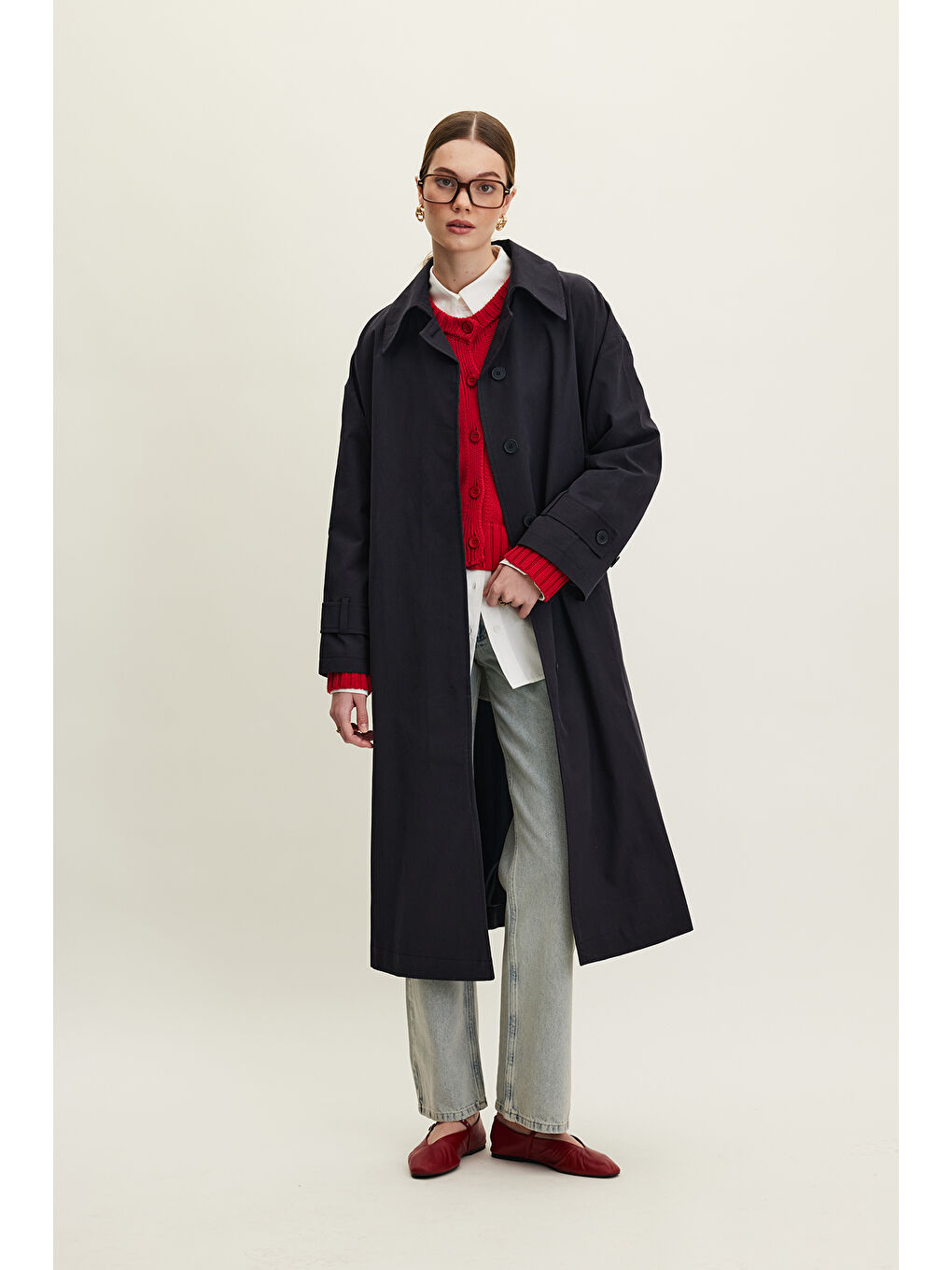 Kemerli Oversize Gabardin Trençkot Lacivert-5