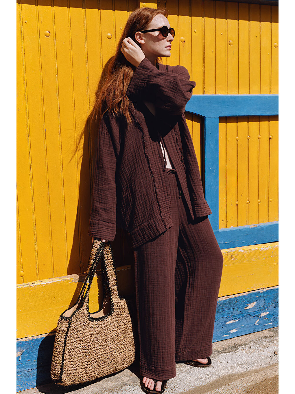 Kahverengi Müslin Bağlamalı Pantolon Acı Kahve