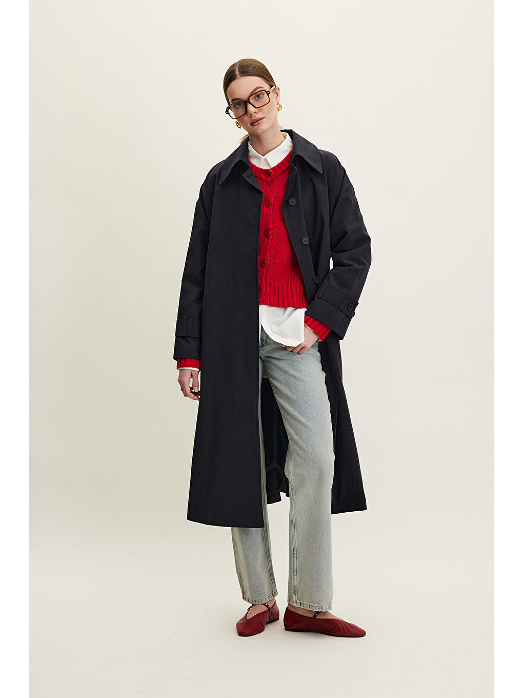 Kemerli Oversize Gabardin Trençkot Lacivert-6