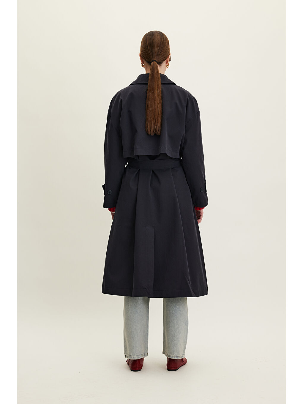 Kemerli Oversize Gabardin Trençkot Lacivert-7