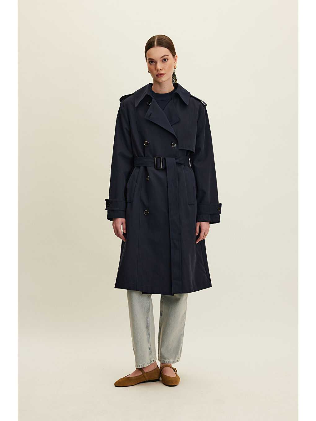 Anıka Kruvaze Kemerli Trençkot Lacivert-2