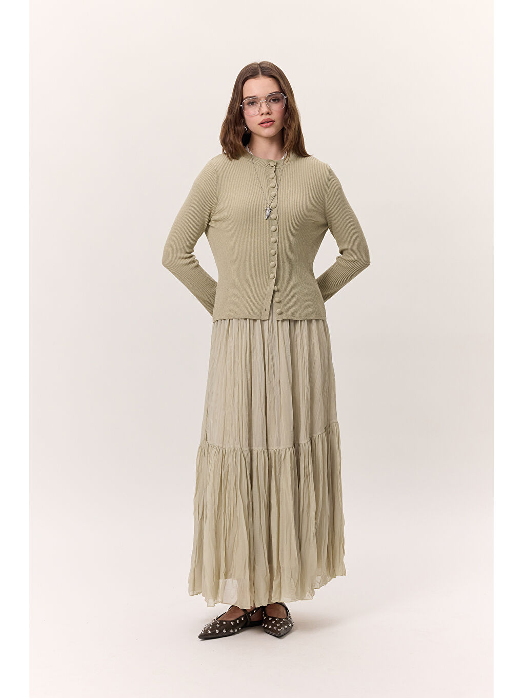 Yeşil Crush Piliseli Uzun Etek Adaçayı-2