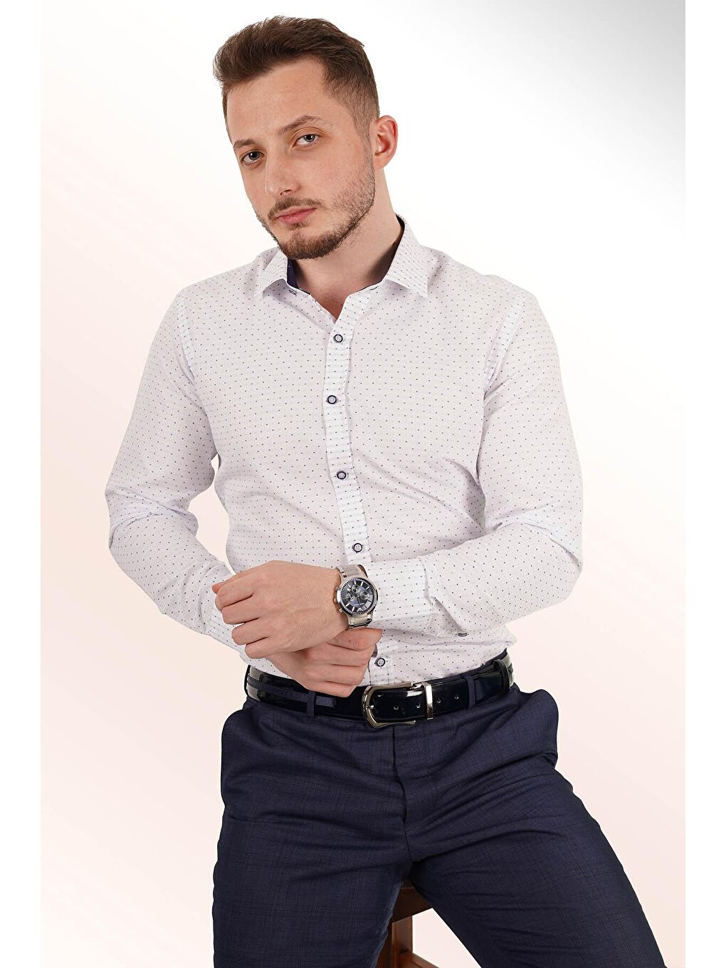 Beyaz Mavi Nokta Desenli Slimfit Erkek Gömlek-2