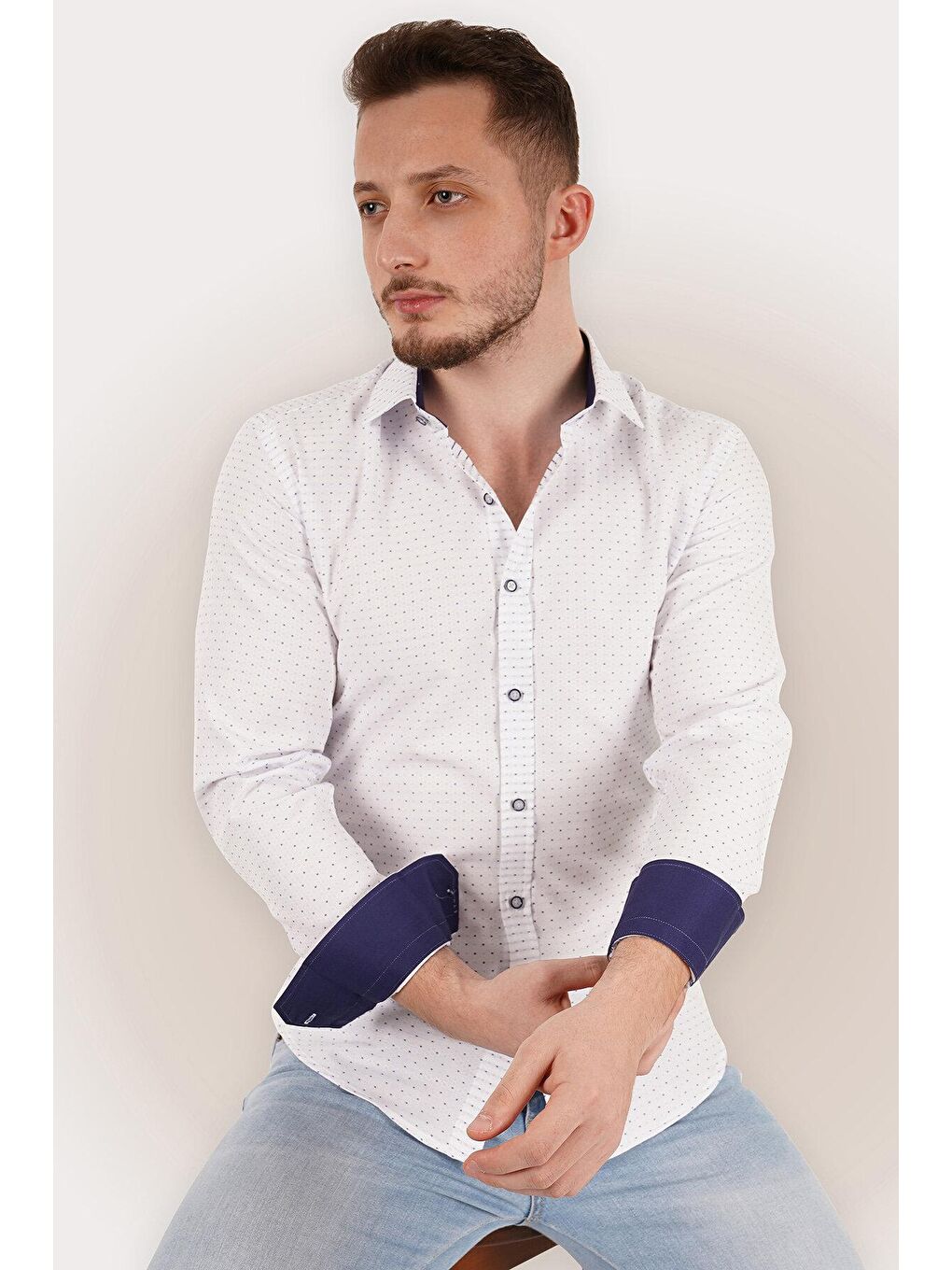 Beyaz Mavi Nokta Desenli Slimfit Erkek Gömlek-4