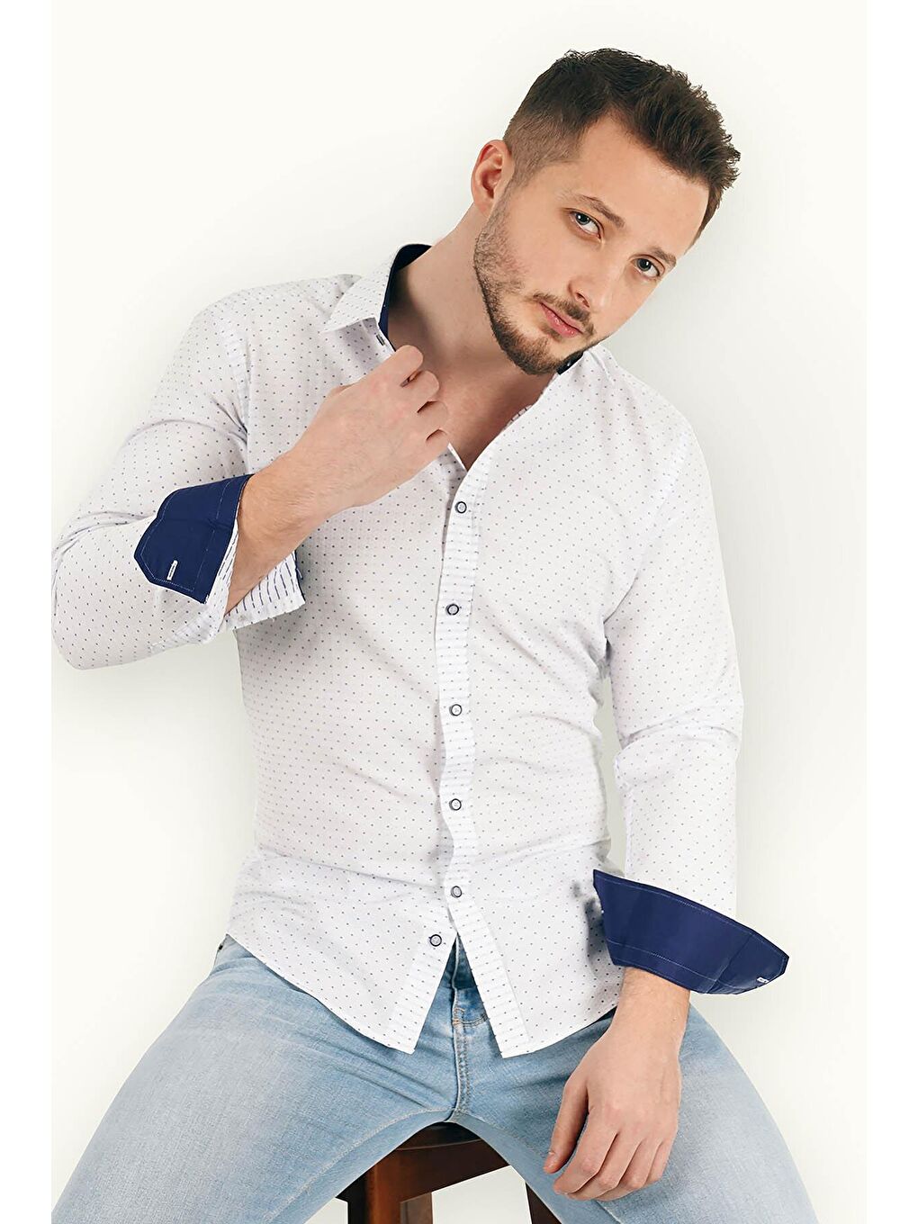 Beyaz Mavi Nokta Desenli Slimfit Erkek Gömlek-5