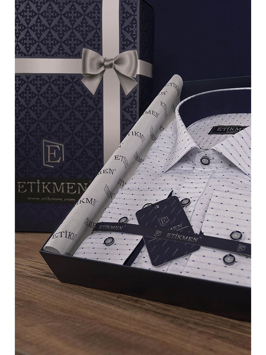 Beyaz Mavi Nokta Desenli Slimfit Erkek Gömlek-6