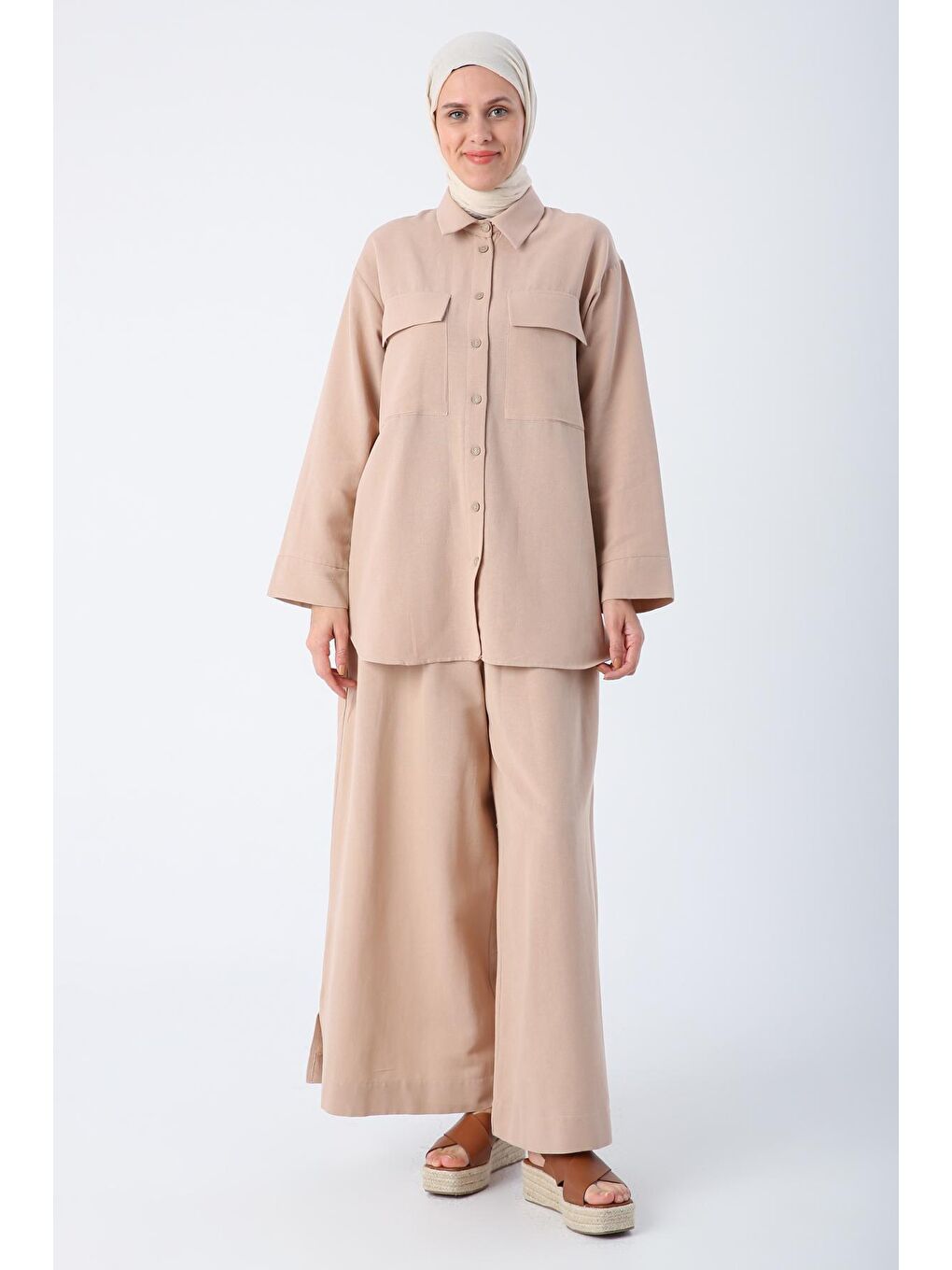 Koyu Bej Keten Gömlek Pantolon Takım-1