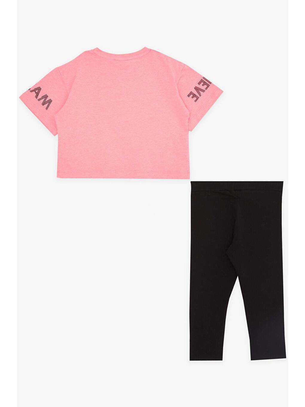 Kız Çocuk Kapri Taytlı Crop Takım Yazı Baskılı Neon Pembe (8-11 Yaş)-1
