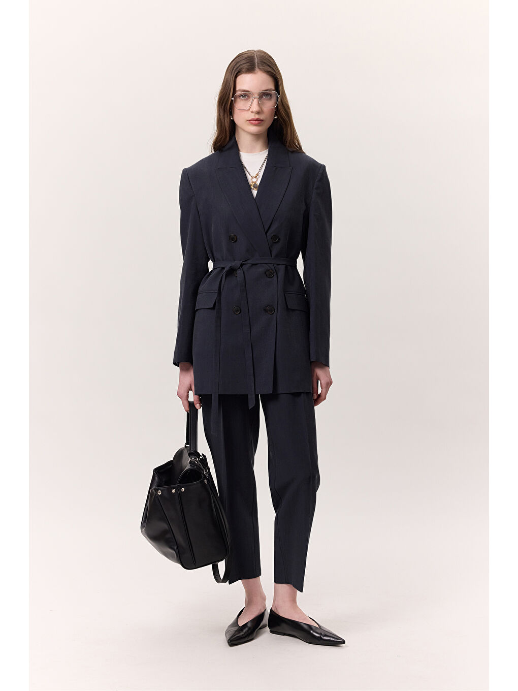 Lyocell Kemerli Kruvaze Blazer Ceket İndigo